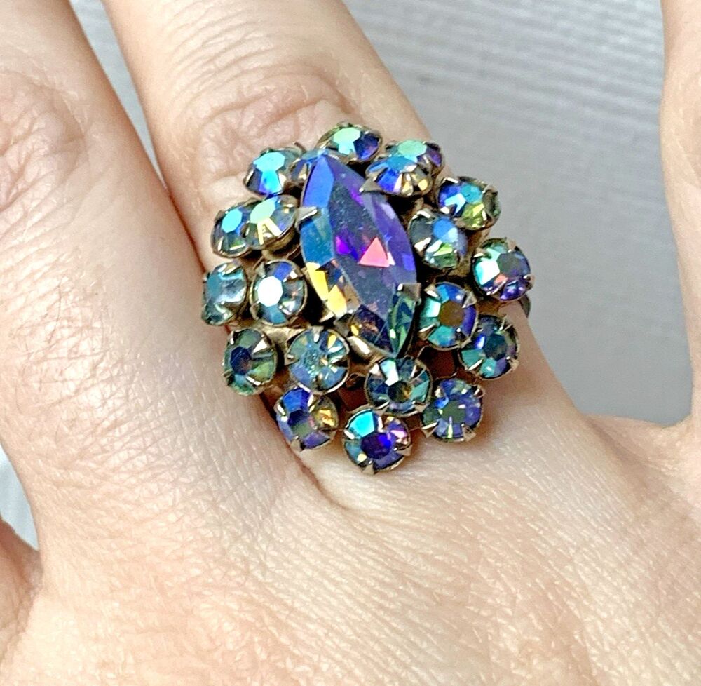 Vintage AB Crystal Cluster Cocktail Statement Ring Size 7 Adjustable Mid Century